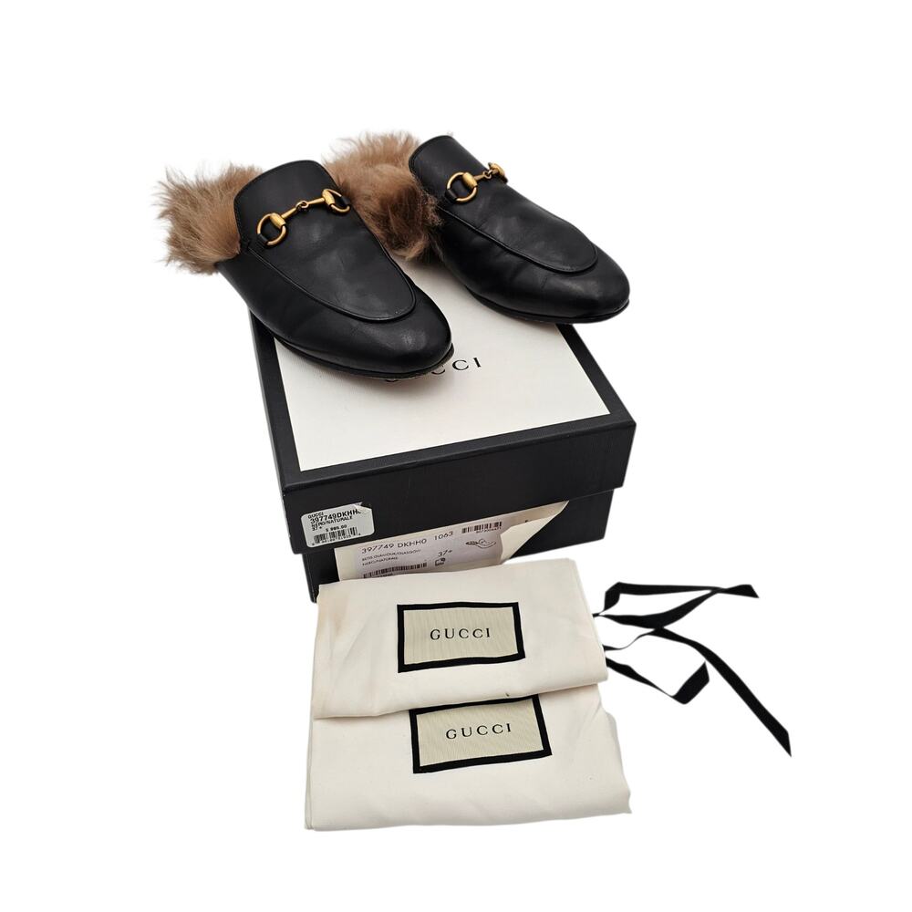 Gucci Princetown Horsebit Fur Lined Flat Mule Black Leather Size 37.5 US 7.5 - Picture 3 of 11